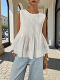 Fashion Heavy-duty Pleated Design Round Neck Sleeveless Shirt Vest Top for Women