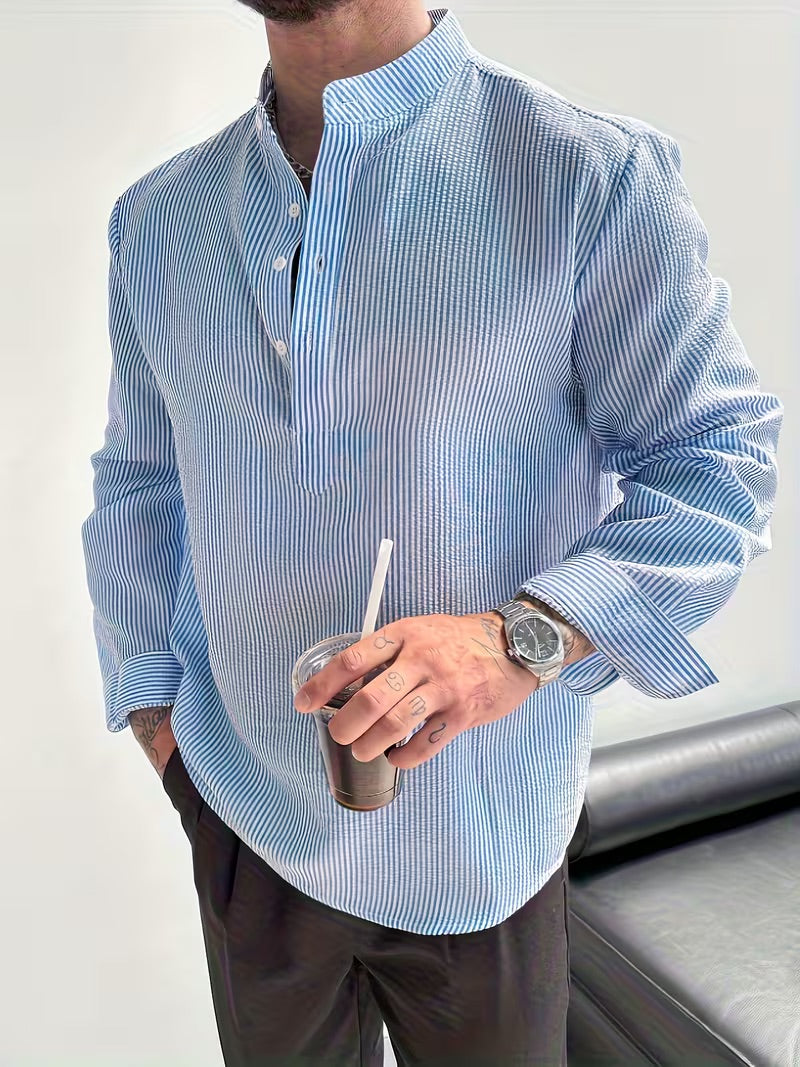 Men's Long-Sleeve Striped Round-Neck Shirt for Spring And Autumn