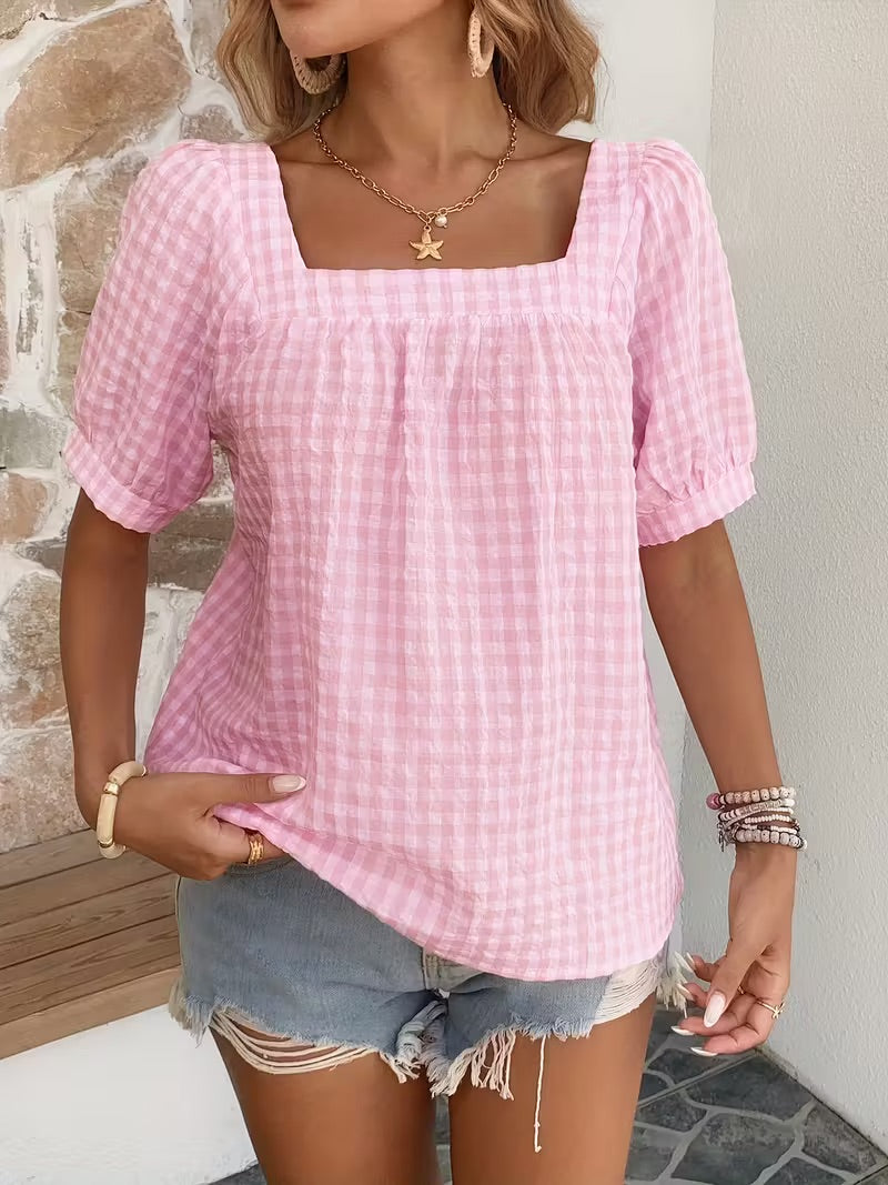 Women's Casual Checkered Short-Sleeve Square-Neck Shirt